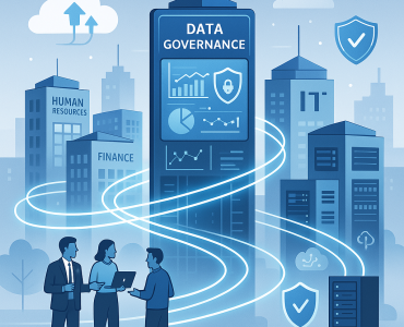 Una ilustracion conceptual sobre el gobierno de datos en una organizacion moderna. La imagen debe mo